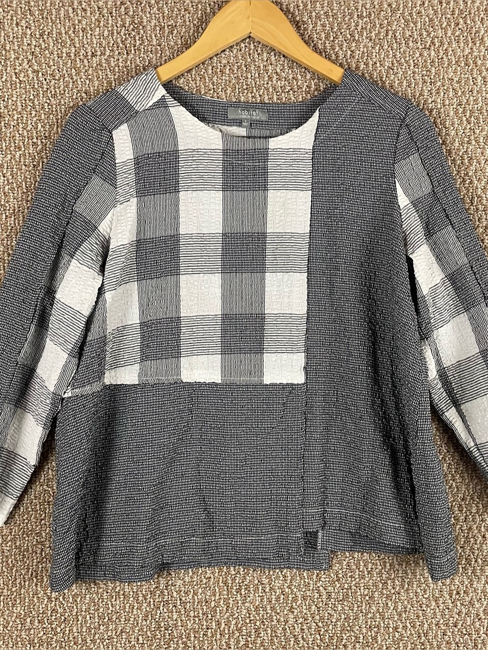 Habitat Blouse Women's S Oversized Gray/White Plaid Crinkle Lagenlook Boxy E128